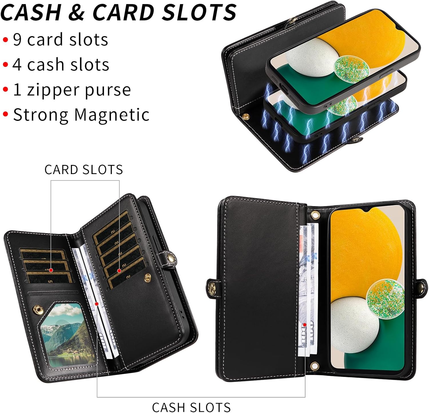 Phone Case for Samsung Galaxy A13 5G Zipper Wallet Detachable Cell Cover with Screen Protector Crossbody Strap Bling Flip Credit Card Holder A04S M13 G5 A 13 2022 13A A135G SM A136U Women Black