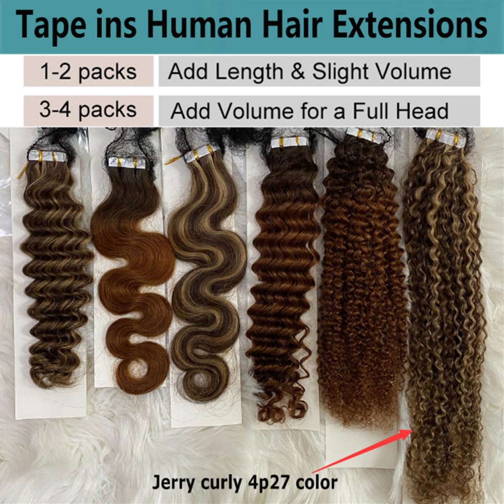 Jerry Curly Tape ins Hair Extensions Real Human Hair 22 Inch PU Tape in Hair Extensions Chocolate Brown Highlighted Caramel Blonde Curly Remy Hair Tape in Extensions