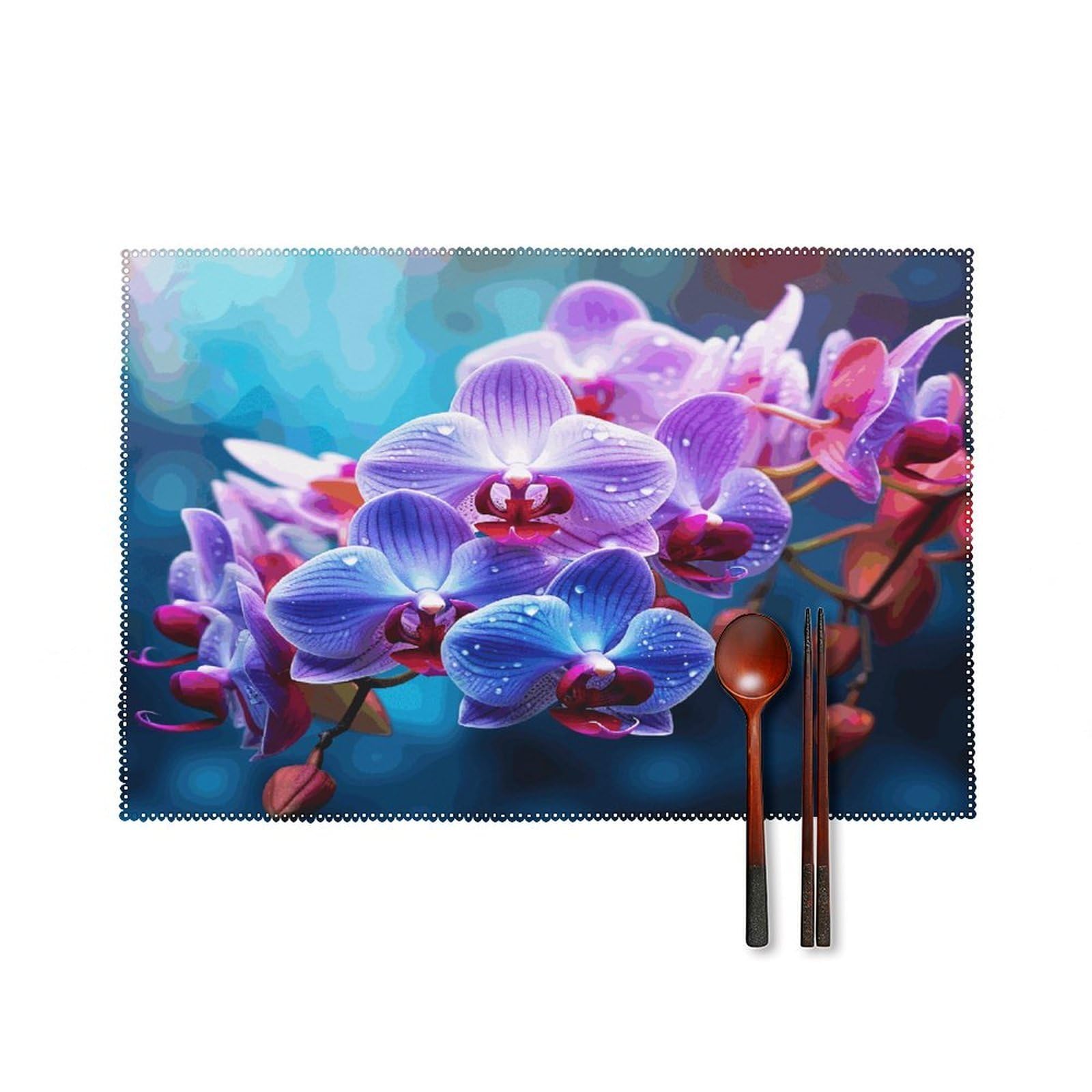 Colorful Orchids Flower Placemats Set of 6 Washable Heat Resistant Non-Slip Place Mats Easy Clean Table Protective Placemats Farmhouse Decorate Dining Table Mat for Kitchen 12X18In