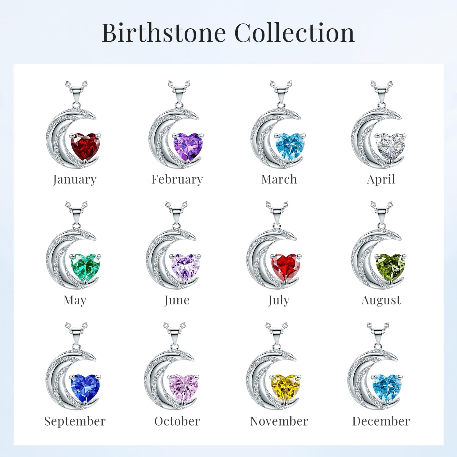 Silver Birthstone Moon Necklace for Women, Cubic Zirconia Crescent Moon Heart Birthstone Pendant, Silver Jewelry Gift, Birthday Christmas Valentine's Day Gifts for Her Mom Wife Daughter - Image 6