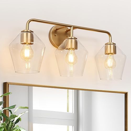 KSANA Gold Bathroom Light Fixtures, 3 Light Vanity Lights Over Mirror Modern Cle