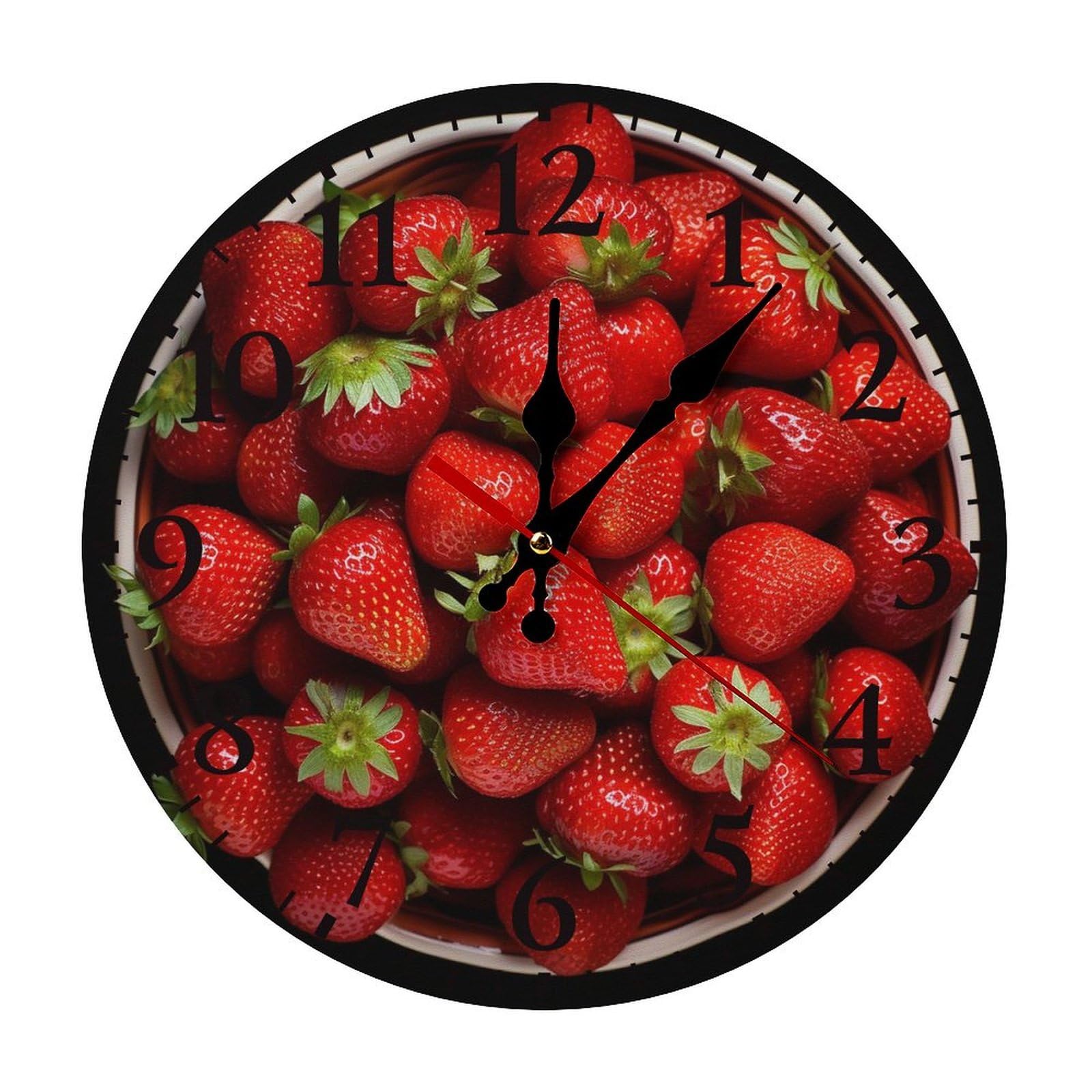 NTVOWPZO 10 Inch Wall Clock Strawberries in Bowl Battery Operated Wall Clocks Silent Non-Ticking Round Wall Clock for Living Room Kitchen Home Office Wall Decorative Clock