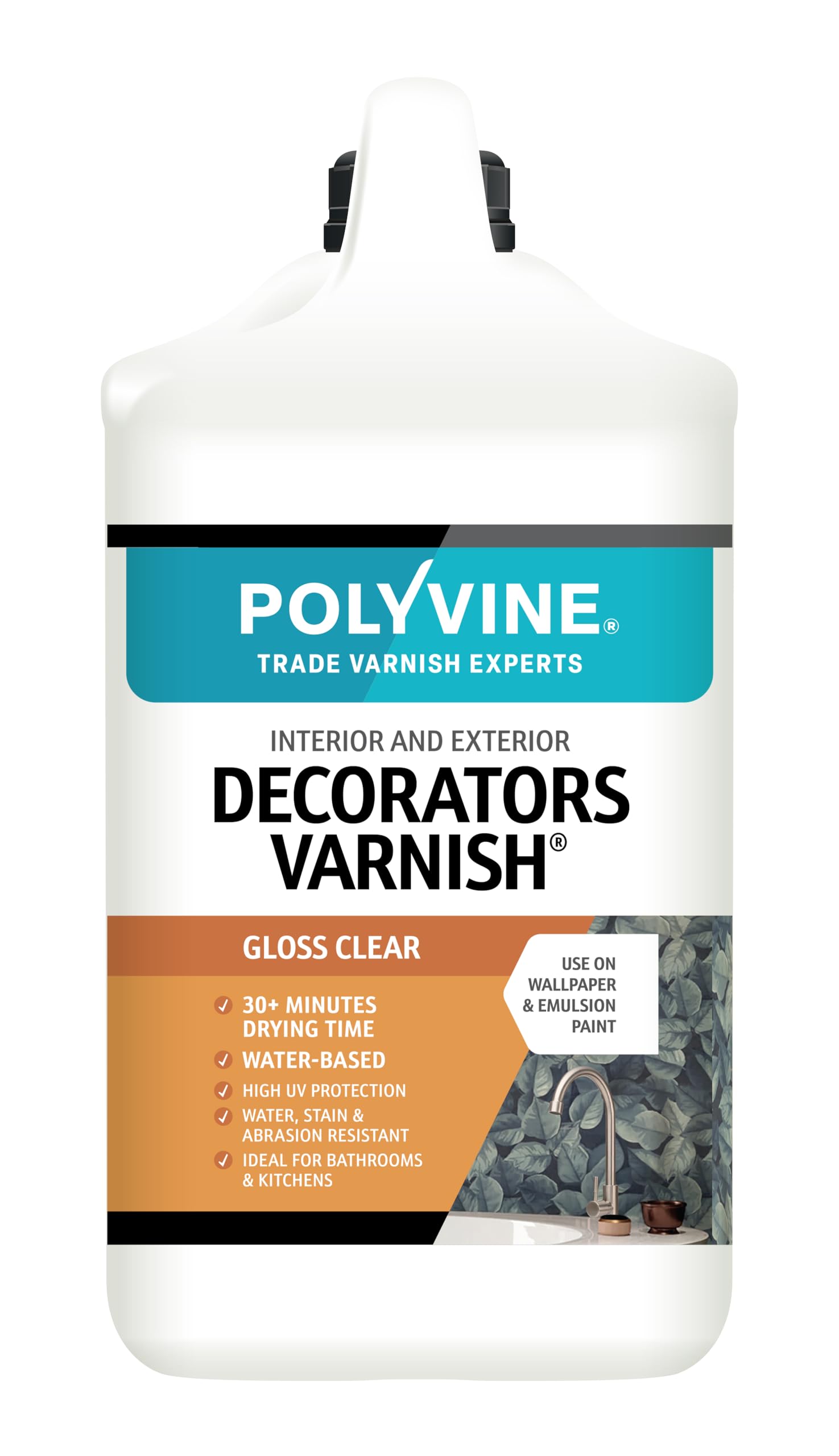 Polyvine Decorators Varnish Gloss – Water Resistant Clear Varnish with UV Protection - Seals and Protects Emulsion, Acrylic Paint, Wallpaper, Wood, Furniture, Plaster & Fabric, 4L