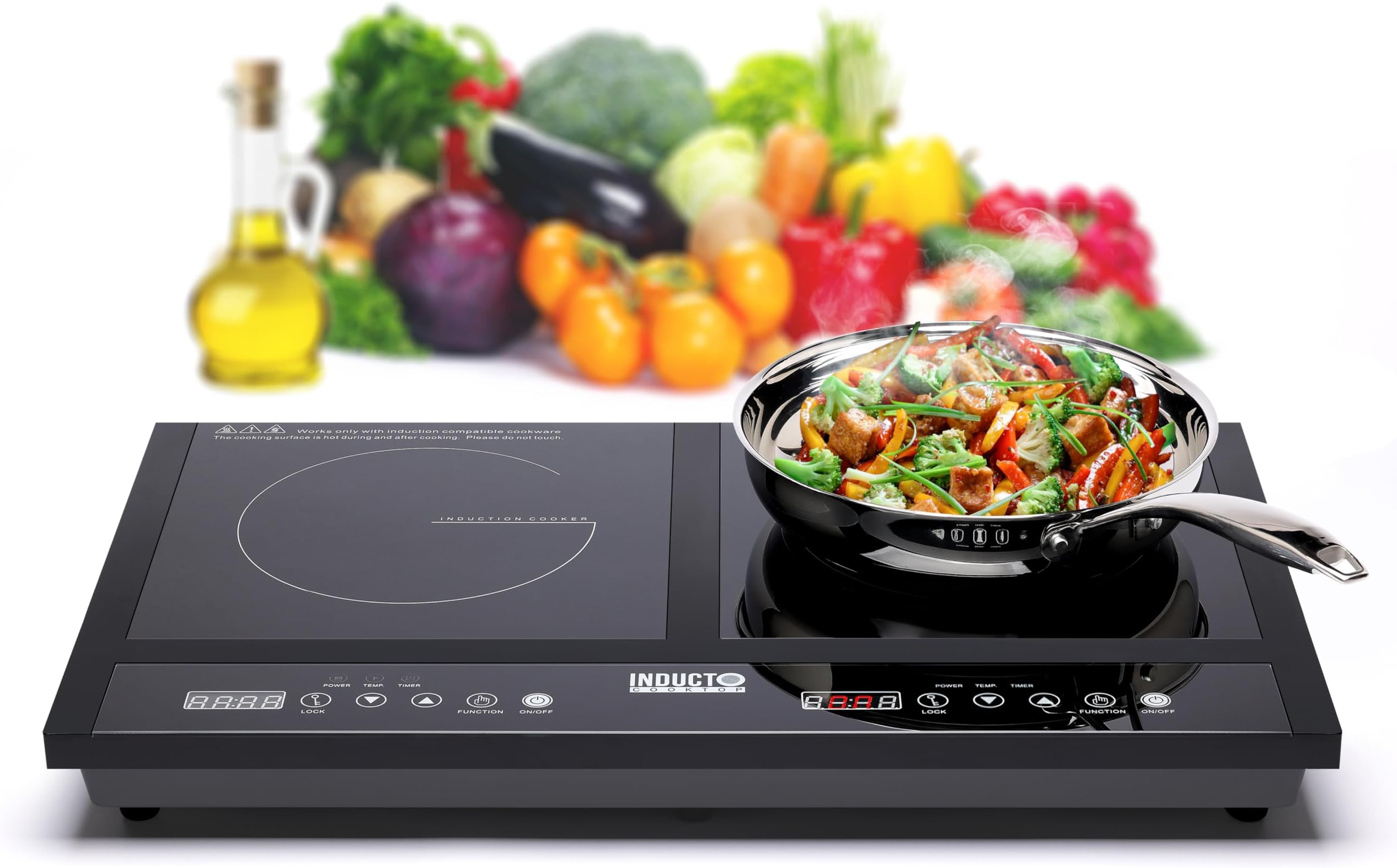 Homewell Inducto Dual Induction Cooktop Countertop Burner, Portable Electric Cooktop with Two Heating Zones, Energy-Efficient Countertop Stove, Easy-to-Clean Glass Surface, Black 1800W