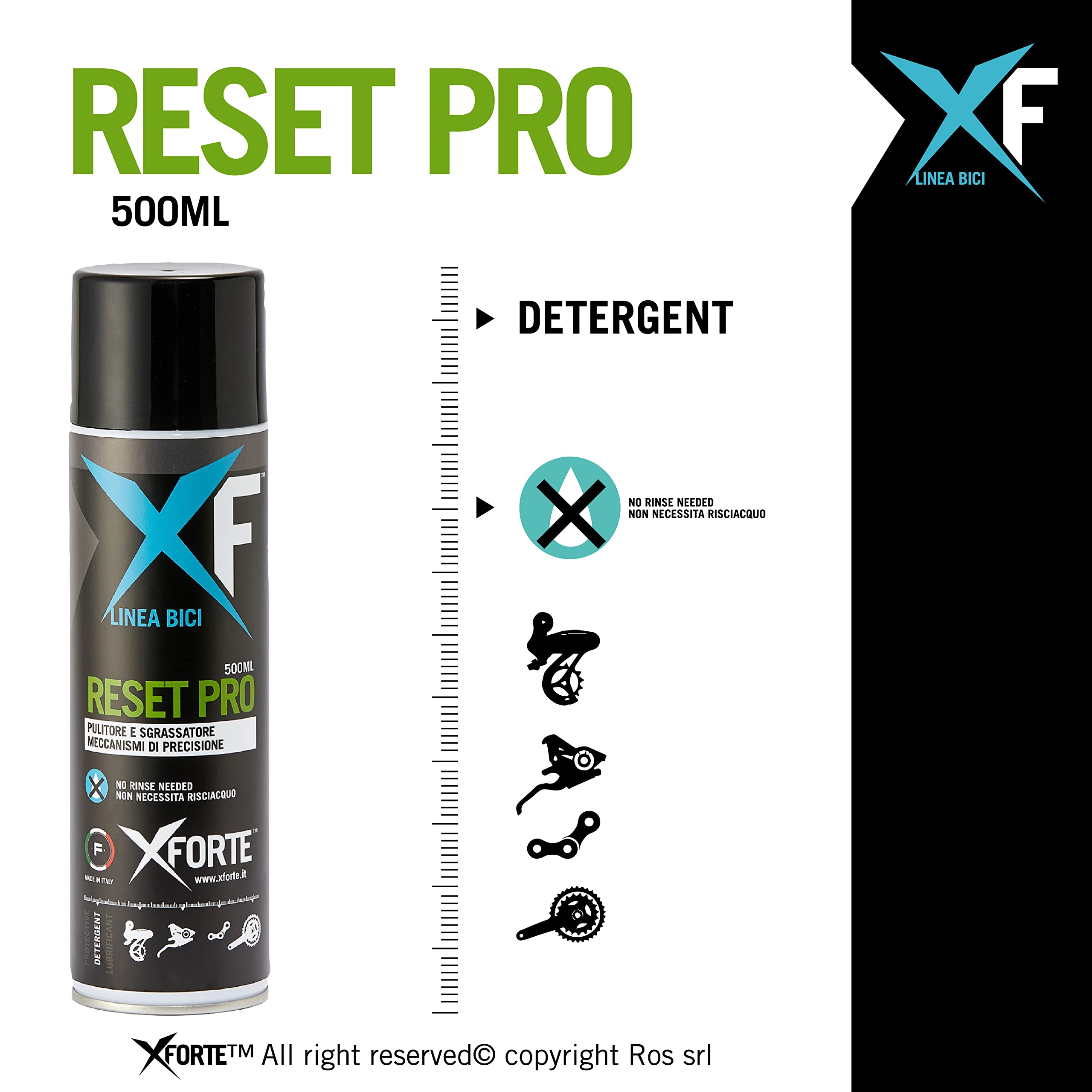 XFORTE Sgrassante Bici RESET PRO | Spray Pulizia Catena, Corone e Pignone | Professionale | Sgrassa a Fondo Senza Risciacquo | Bici Corsa, Mtb, Ebike, Bmx | 500ml