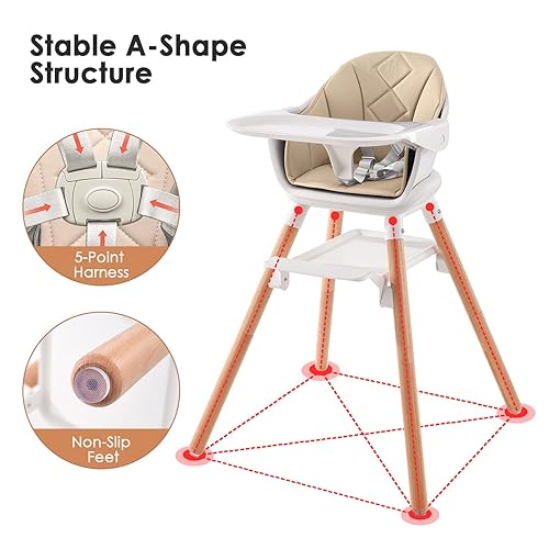 Miniatura 3 de Beberoad Love Silla alta para bebé, silla alta convertible de madera 4 en 1, silla alta elevada con doble bandeja extraíble, arnés de 5 puntos y