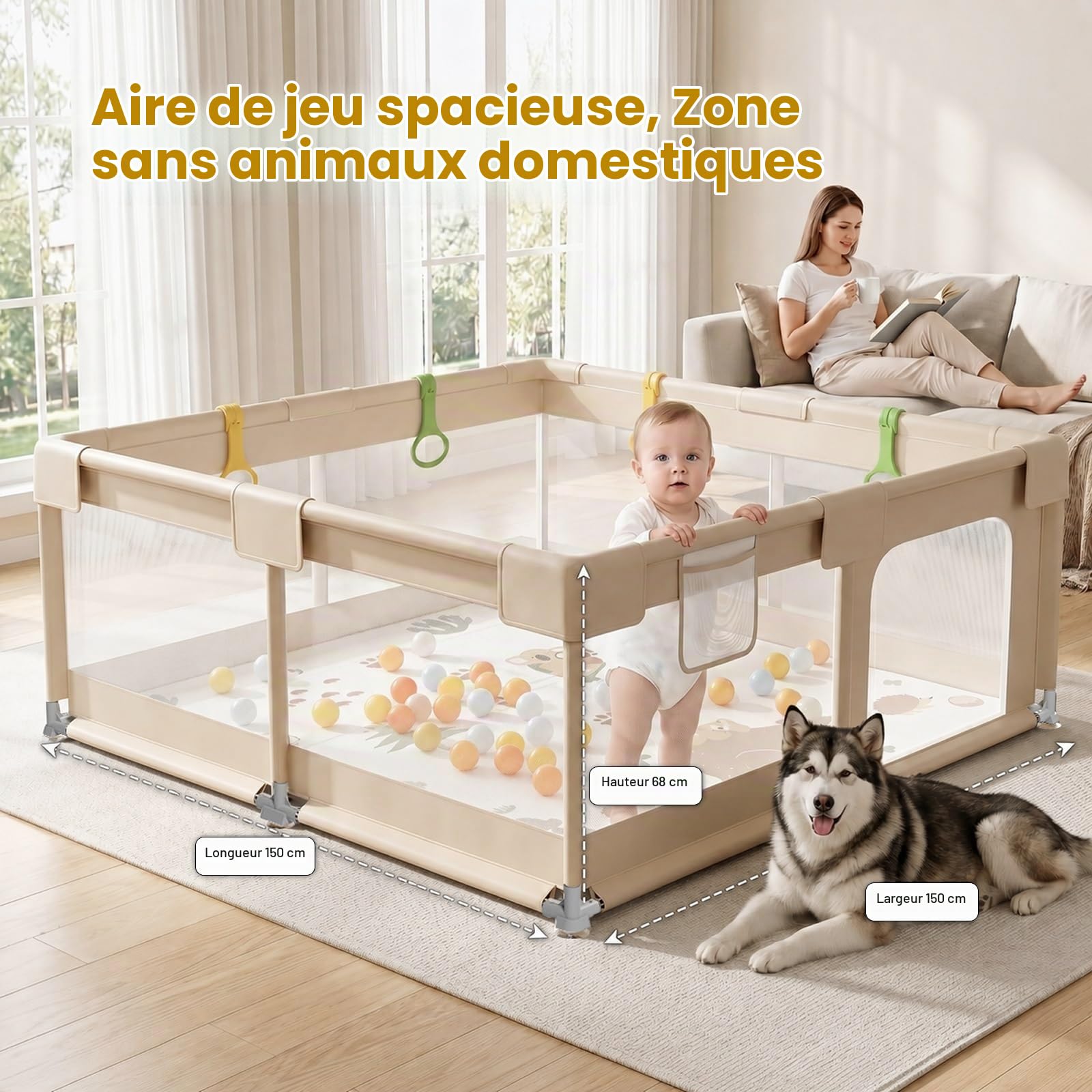 Beige Parc Bebe avec Tapis - 150x150cm Parc Enfant Sécurisé | Aire de jeu carrée tissu Oxford, Filet respirant 360°, Structure stable, Ventouses puissantes, 4 anneaux