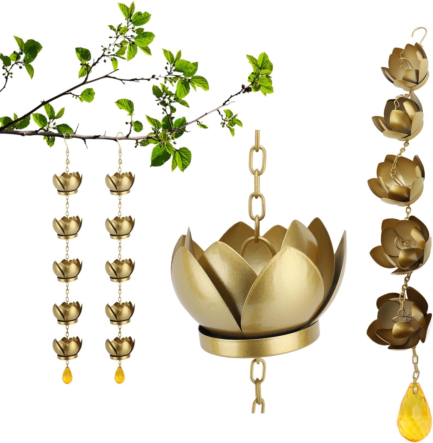 Rain Chain 3.9ft Lotus Cup Wind Chime Galvanized Iron Rain Gutter Chains Rain Catcher for Garden Outdoor Yard Decoration