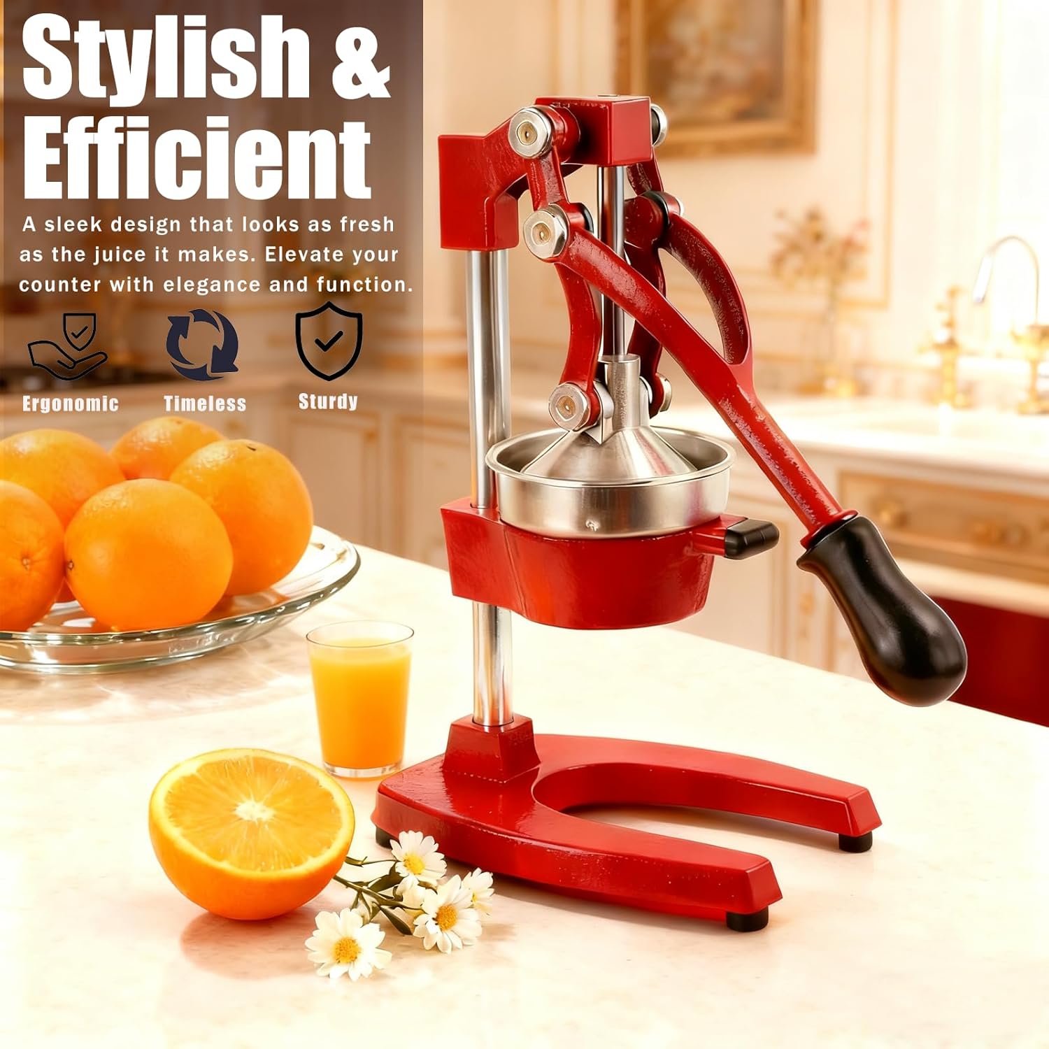 Juicer Manual Cast Iron Citrus Juicer, Heavy-Duty Orange Lemon Squeezer, Extra-Large Commercial Citrus Press, Easy to Clean with Bonus Stainless Steel Cup (Red)