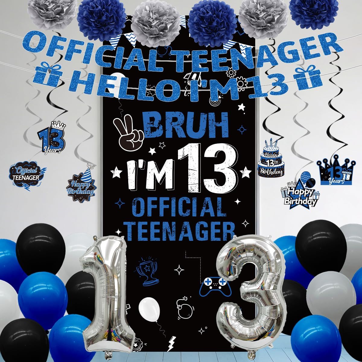 13th Birthday Decorations for Boys Girls 37PCS Blue Black Bruh I'm 13 Official Teenager Party Decorations Backdrop, Banner, Hanging Swirls, Pompoms, Balloons, Cheers to 13 Years Party Supplies