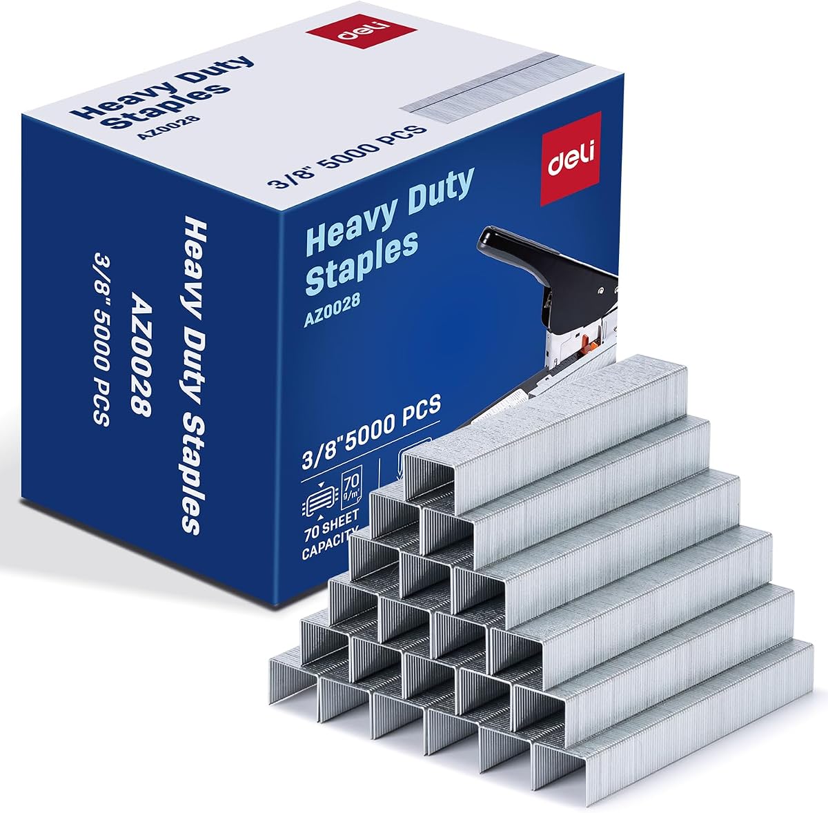 Deli Staples, grapas resistentes para grapadoras resistentes, 3/8 pulgadas de longitud | Capacidad de 70 hojas, 100/tira, 5000/caja