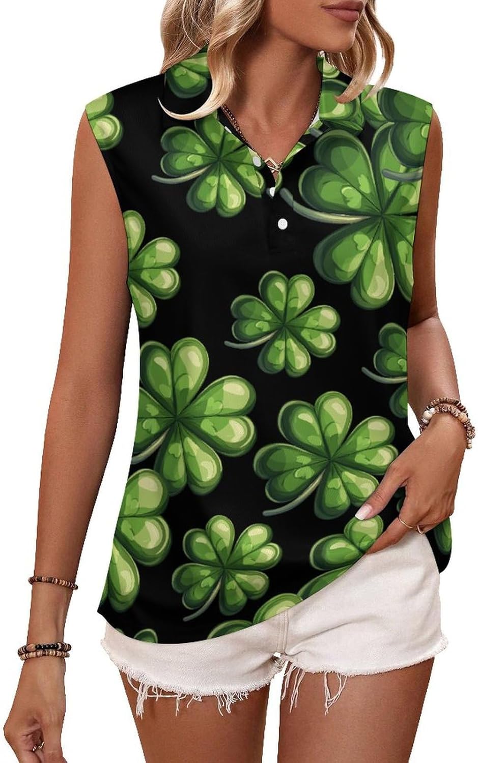 St. Patrick's Day Shamrock Clover Womens Golf Shirts Print Polo Shirt Sleeveless Tank Top Casual Work Blouses