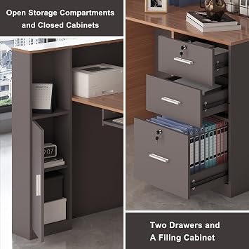 L-Shaped Reception Desk with Lockable Drawers, Adjustable File Cabinet & Keyboard Tray, Modern Front Counter for Office, Salon, or Lobby (Right-L Walnut/Slate Gray, 86.6''L x 23.6''W x 41.3''H)