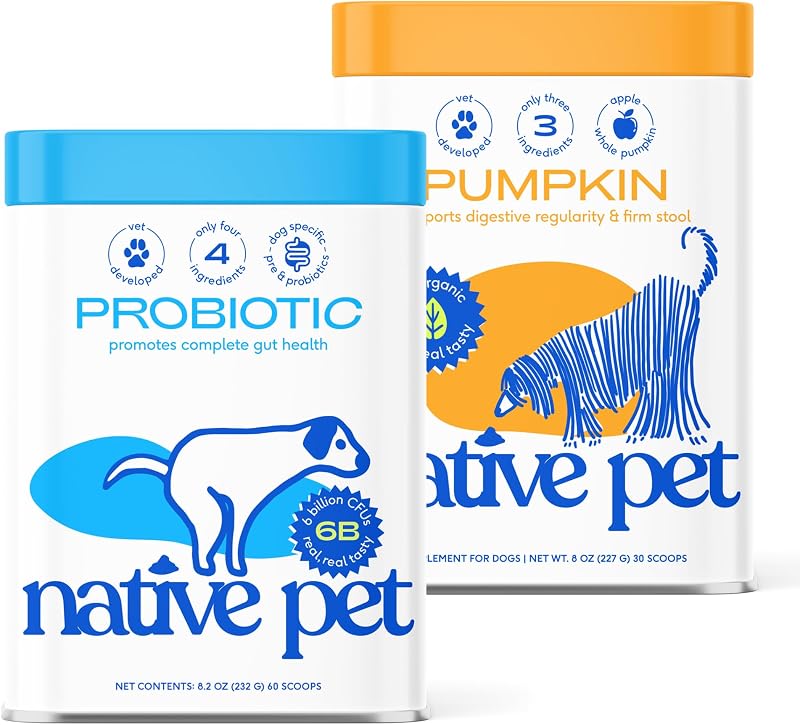 Native Pet Belly Bundle | Pumpkin for Dogs (8oz) + Probiotic Powder for Dogs (8 oz) | All-Natural Remedy for Dog Diarrhea + Dog Upset Stomach + Dog Gas Relief | Natural Relief for Upset Stomach!