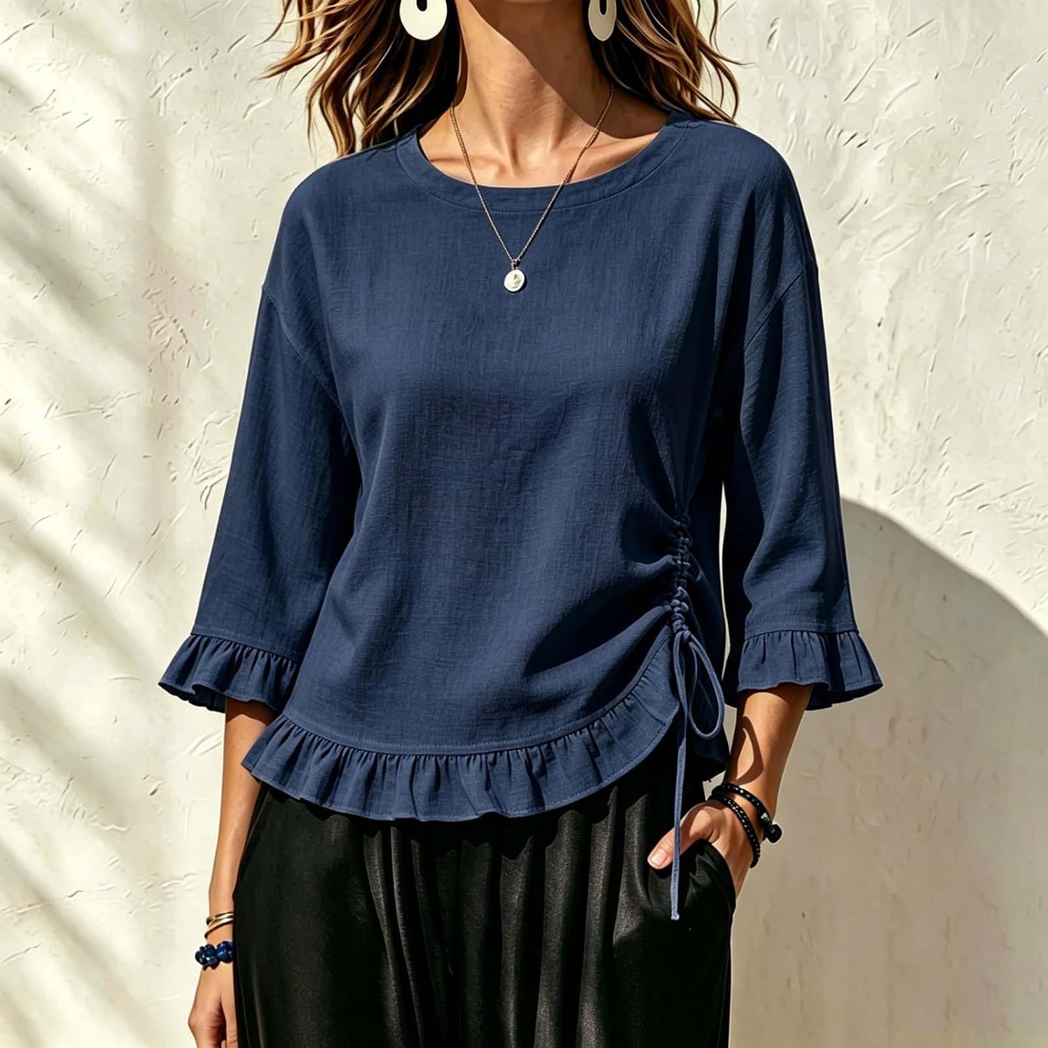 Womens 3/4 Sleeve Tops Summer Drawstring Ruched Tshirts Ruffle Crew Neck Casual Blouse Vacation Trendy Loose Outfit