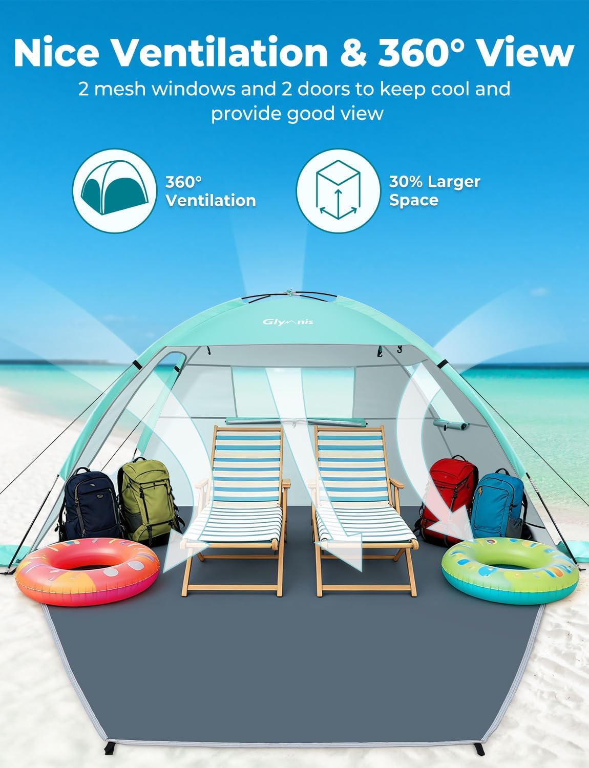 Glymnis Beach Tent Sun Shelter for 4 Person with UPF 50+ UV Protection, Lightweight & Easy Setup Beach Shade Canopy with Vent Windows & Zippered Door - Green