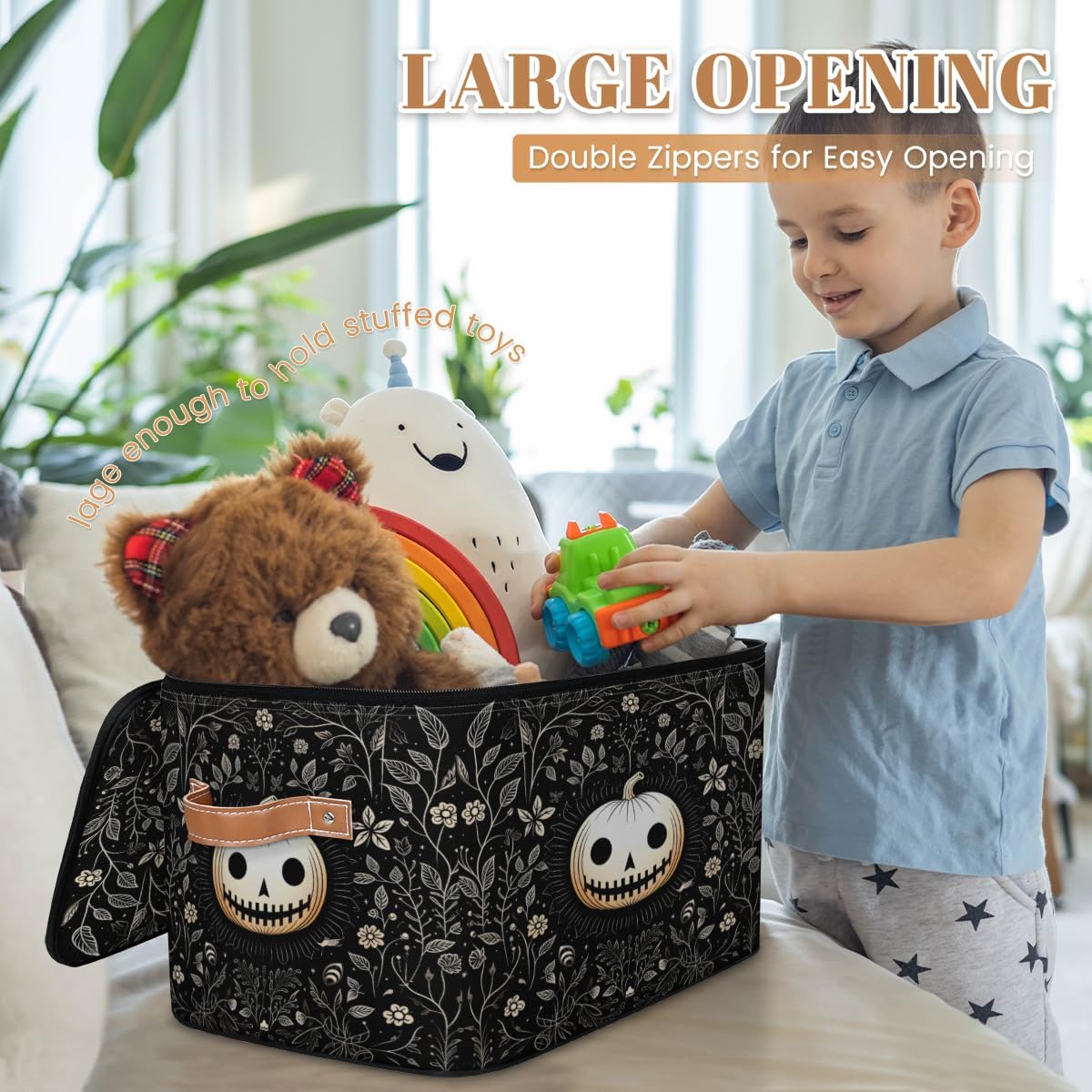 Storage Bin Set of 2 Pumpkin Skull Storage Basket with Zipper Lid & Handle Foldable Closet Shelf 2 Pack Cloth Organizer Basket Cube Bins Clothes Organizer for Bedroom, Nursery