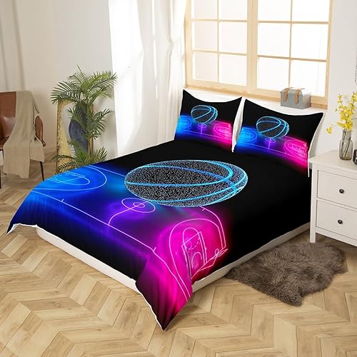 Miniatura 3 de Juego de funda de edredón de baloncesto brillante tamaño Queen para niños y niñas, juego de ropa de cama de neón degradado para cancha de