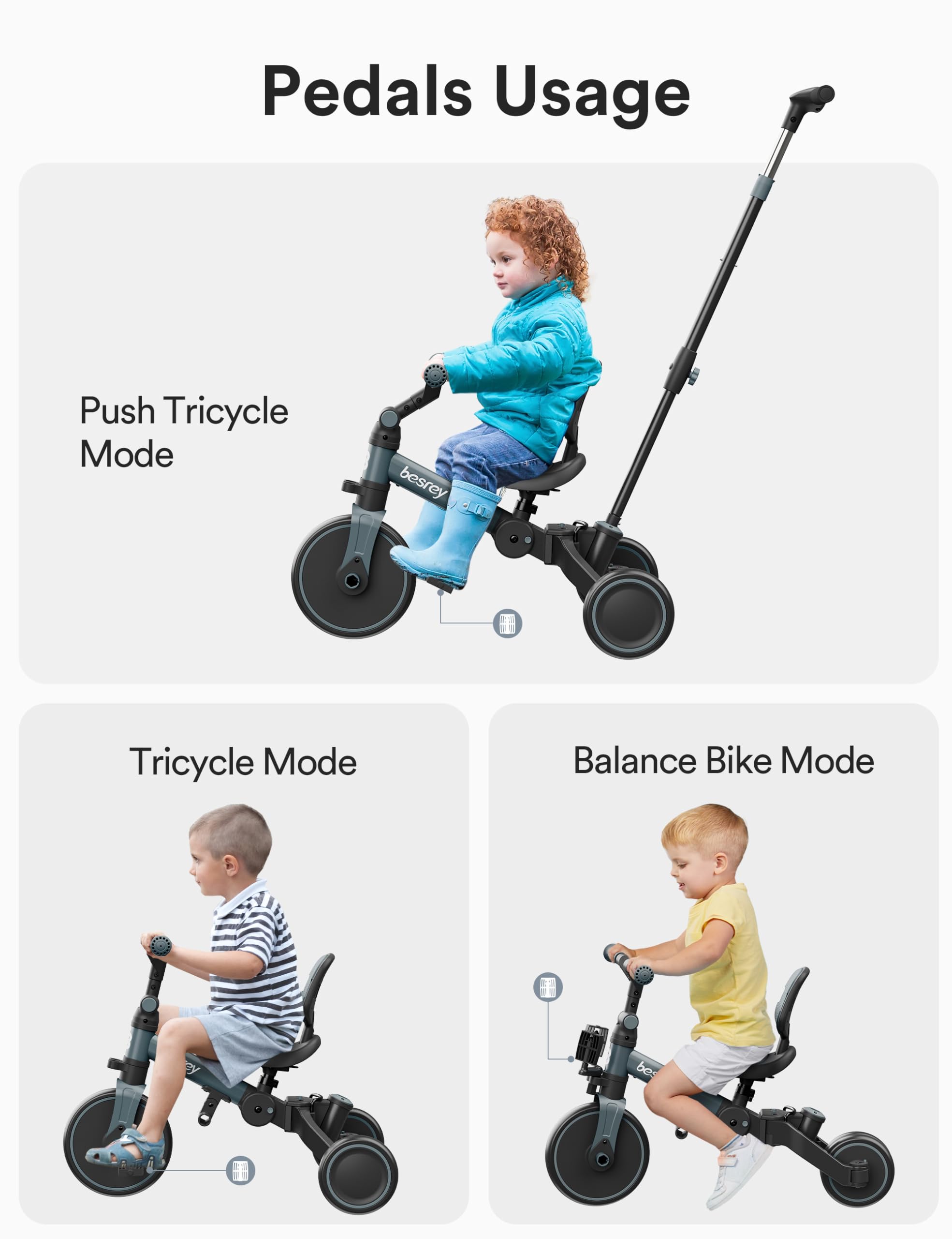 besrey Bicicleta para niños pequeños con manija de Control Parental para niñas y niños de 1 a 3 años, Triciclo para niños, Triciclo para niños pequeños con Pedal extraíble, Asiento Ajustable