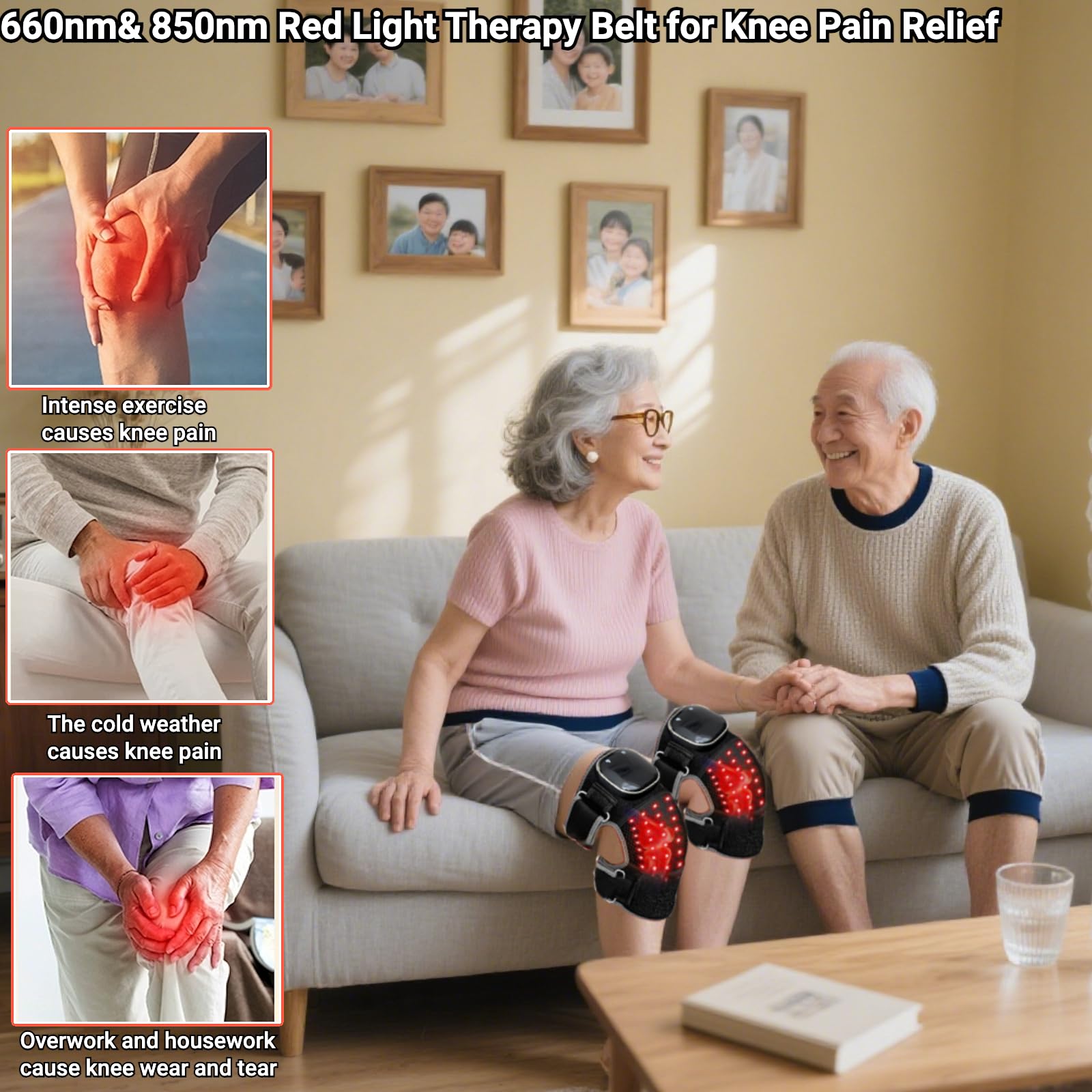 Genouillère de luminothérapie rouge chauffante et massante - 96 LED (660 nm et 850 nm), 6 modes d'éclairage et 5 modes de massage, rechargeable, sangle réglable pour soulager les douleurs du genou