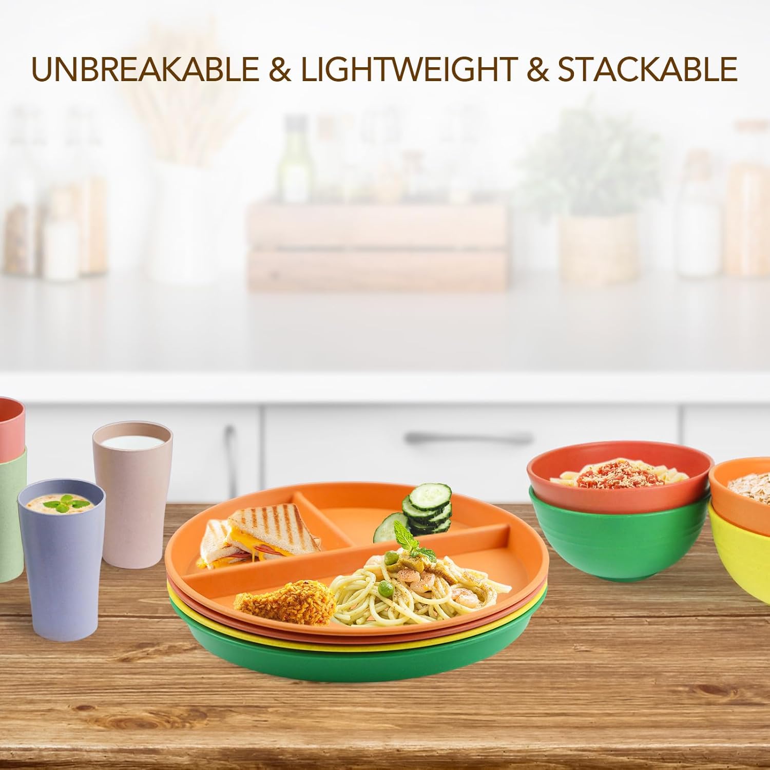 greenandlife 9 Inch 4PCS Unbreakable Portion Control Plates, Divided Plates for Kids Adults, Dishwasher & Microwave Safe Compartment Plate, Lightweight Reusable Wheat Straw Plate, BPA Free - Image 5