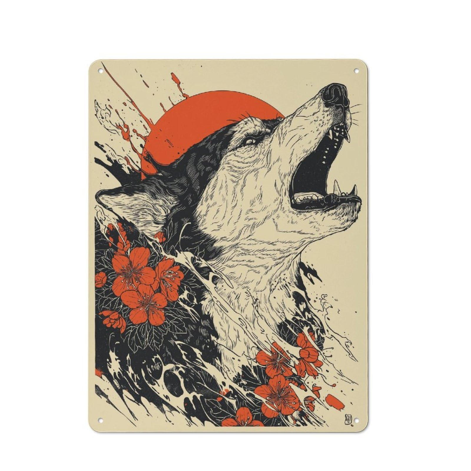 Junmoney Wolf's Roar With Blossoms Metal Plaque 40X30cm With For Hallway Wall, Retro Decor, For Wall Display Collectors