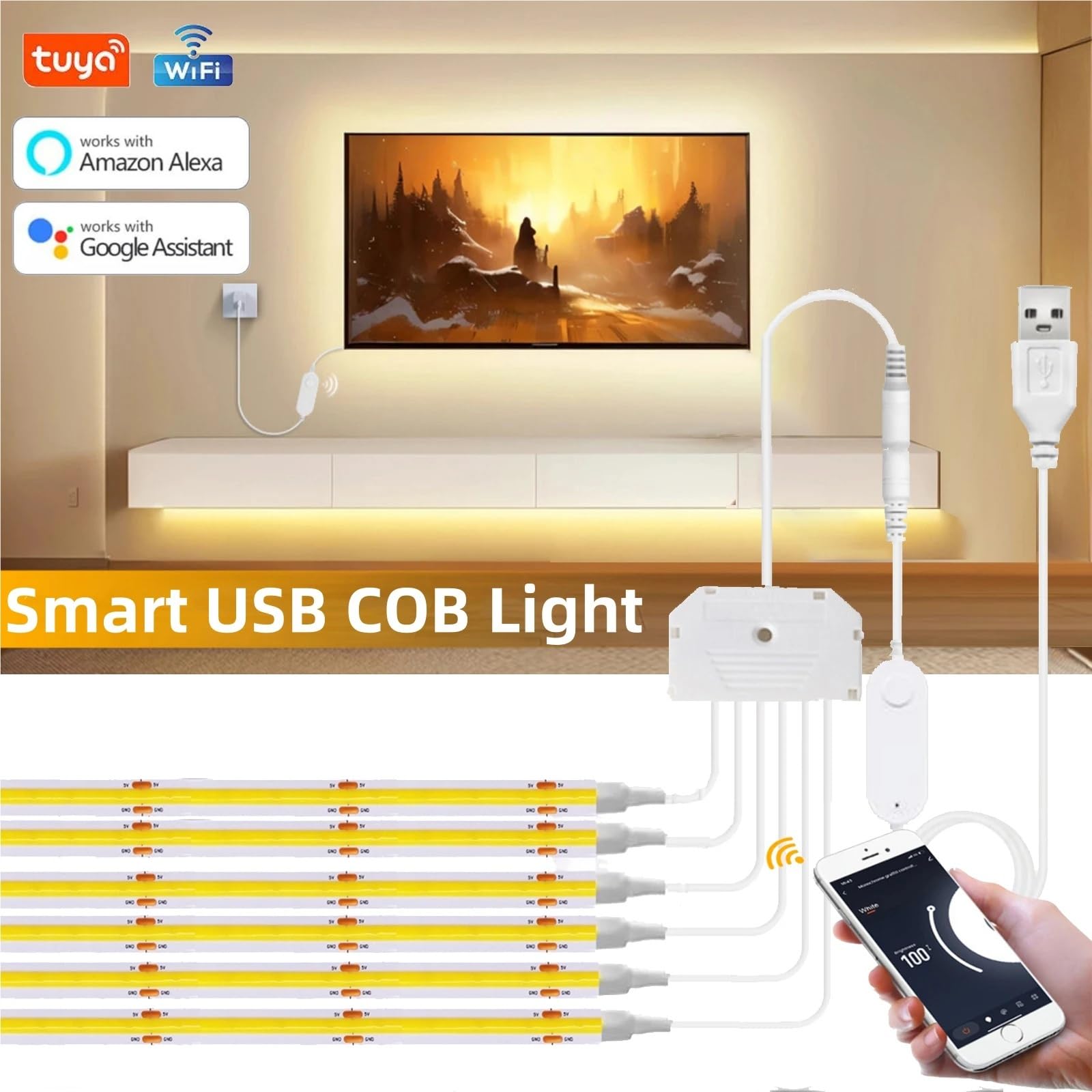 Striscia LED Smart Life APP Controllo dimmerabile 5V USB 320LED Armadio da cucina a parete con luce lineare(Natural white,5 Strip with Wifi,2m)