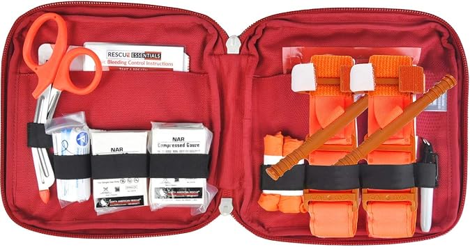 Rescue Essentials Emergency Public Access Trauma Cube - CAT Tourniquet, Hyfin Vent Compact Chest Seal, Shears & Other Emergency First Aid Medical Supplies Severe Bleeding Trauma Kit Red