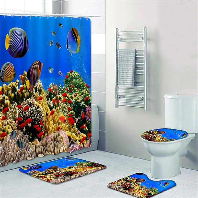Fgolphd Underwater World Shower Curtain 180 x 200 cm 180 x 180 cm Beach Colourful Bathroom Rug 4-Piece Set Shower Curtains Waterproof (9.200 x 240 cm)