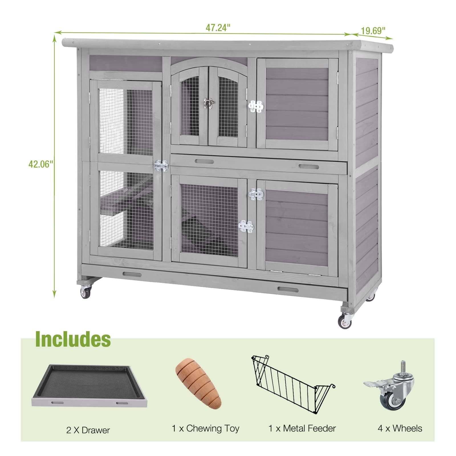 Indoor Rabbit Hutch With Chew-Proof Ramp, Lockable Wheels & Leak-Proof Trays — Spacious 2-Story Cage For Bunnies & Guinea Pigs