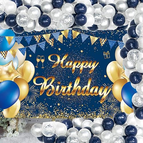 Feliz cumpleaños decorando la fiesta de fondo globos de látex marina azul plata fotografía de fondo banner fiesta de cumpleaños globos Corona arco kit Cover