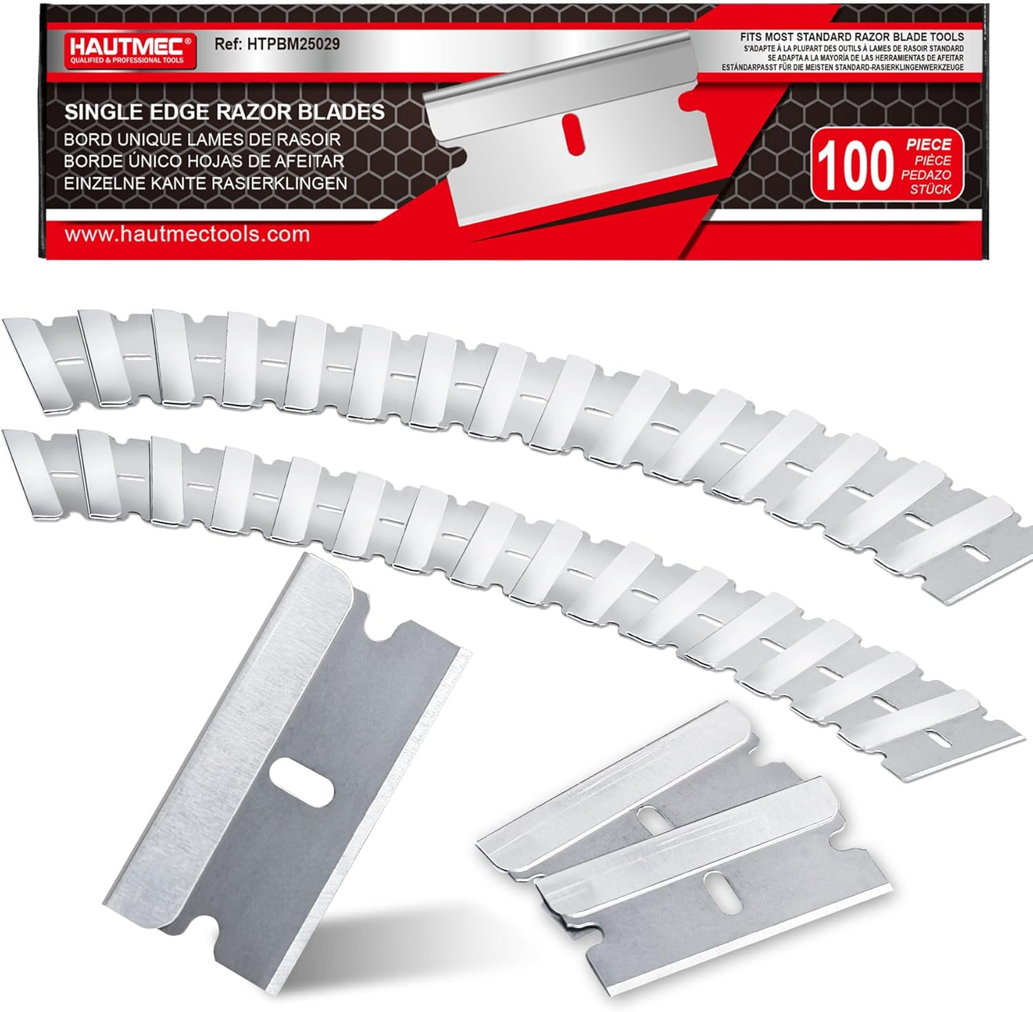 HAUTMEC 100 Pack Single Edge Razor Blades, Heavy Duty Edge Blades, Ultra Sharp, Rust-Resistant,Industrial & DIY Use, Fits most Standard Scraper & Utility Knife, for Removing Decals, Stickers 25029