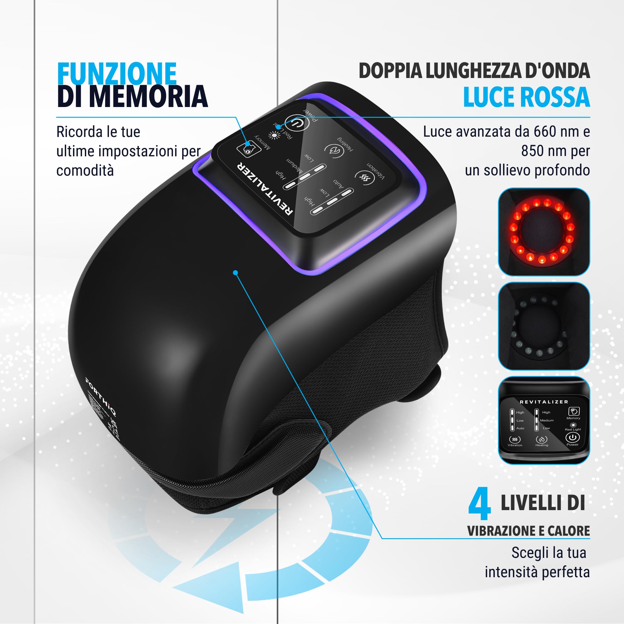 FORTHiQ Pro+ Ginocchiera per Artrosi Ginocchio - Massaggiatore - Sollievo dal Dolore e Supporto Quotidiano con Calore, Luce Rossa, Vibrazione, Senza Fili, Ricaricabile, con Memoria