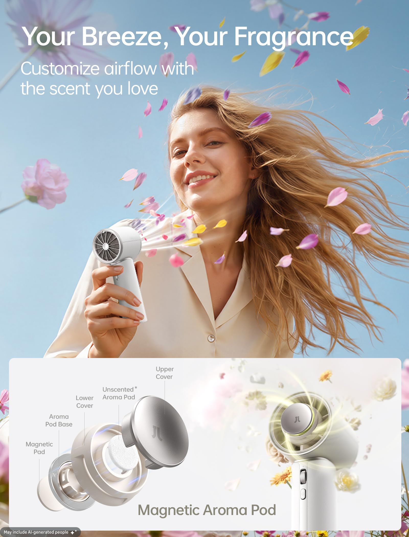 JISULIFE Handventilator, Mini Tragbarer Turbo-Ventilator mit Hochwertigem PU-Leder, [Bis zu 30 Stunden Kühlzeit], 1–100 Geschwindigkeit， USB-Ventilator für Reisen-Weiß