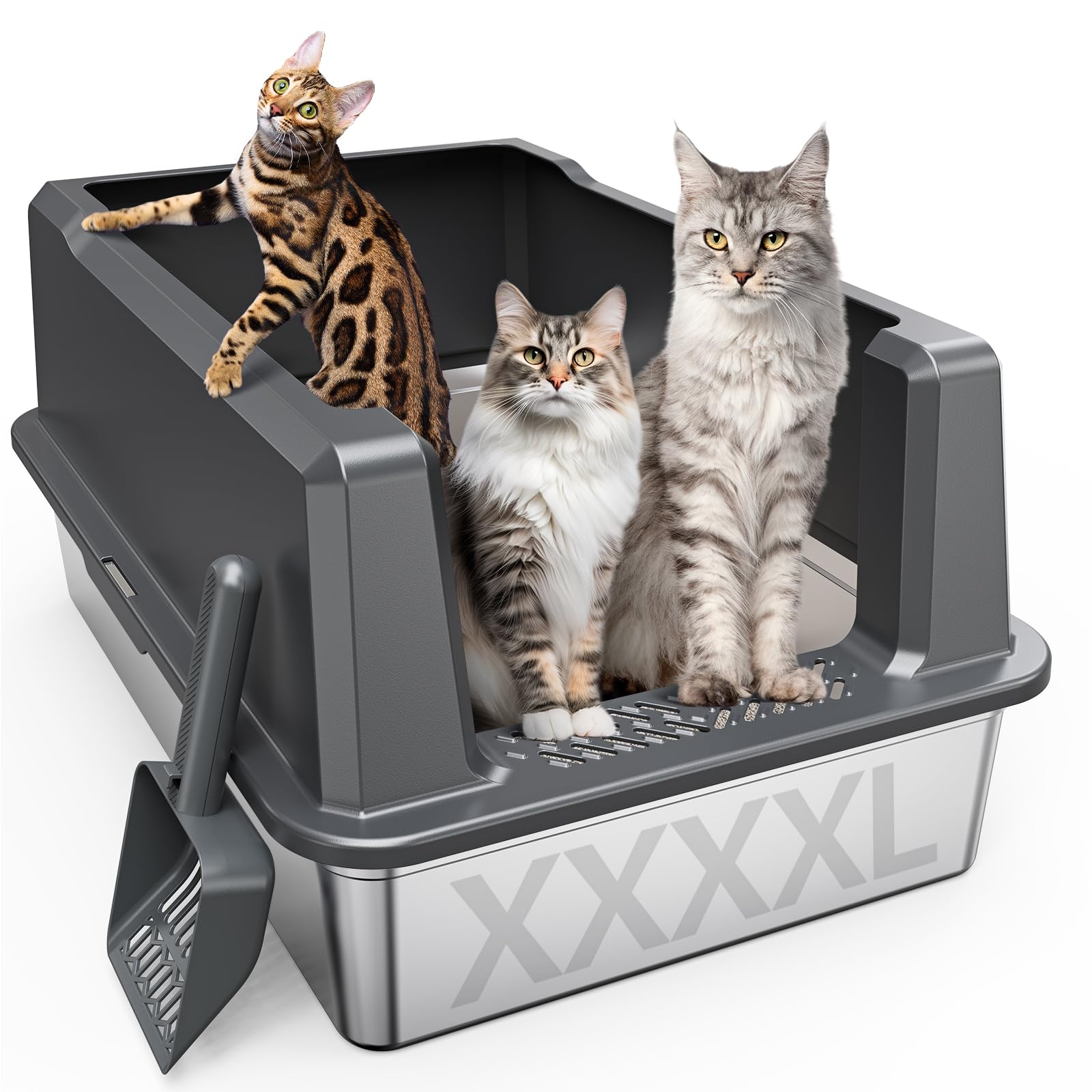 Extra Large Stainless Steel Cat Litter Box with High Sided, 28" L x 20" W x 14" H XXL Litter Box for Big Cats Multiple Cats, Enclosure Cat Litter Box with Anti-Urine Leakage, Easy Clean
