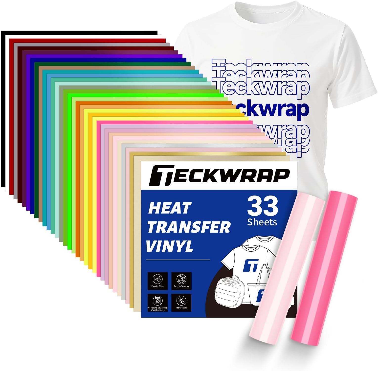 TECKWRAP Heat Transfer Vinyl 12" x 12" Sheets 33 Assorted Color HTV for DIY Clothing,Shirts,Logos,Hats,Fabric Iron on Vinyl Compatible with Heat Press Craft Cutters