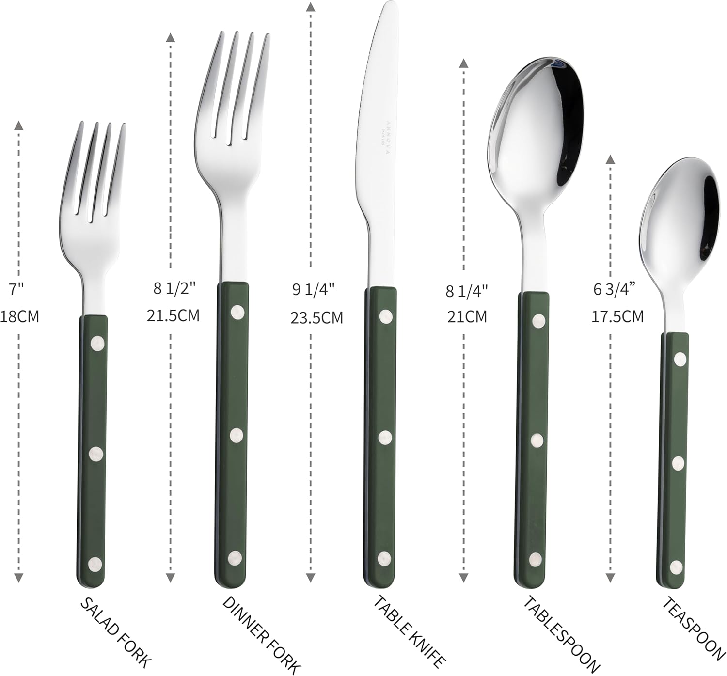 ANNOVA Silverware Set, Retro/Rivet Colorful Stainless Steel Tableware Kitchen Flatware Set Utensils, Includes Dinner Knives, Forks, Spoons, Salad Forks & Dessert Spoons (Dark Green, 10 Pieces)