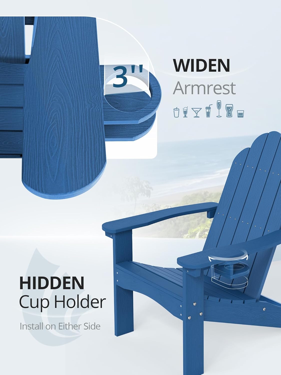 LUE BONA Adirondack Chairs Set of 2 - Weather Resistant Seating with Cup Holder for Porch, Poolside, Deck & Lake House, Blue