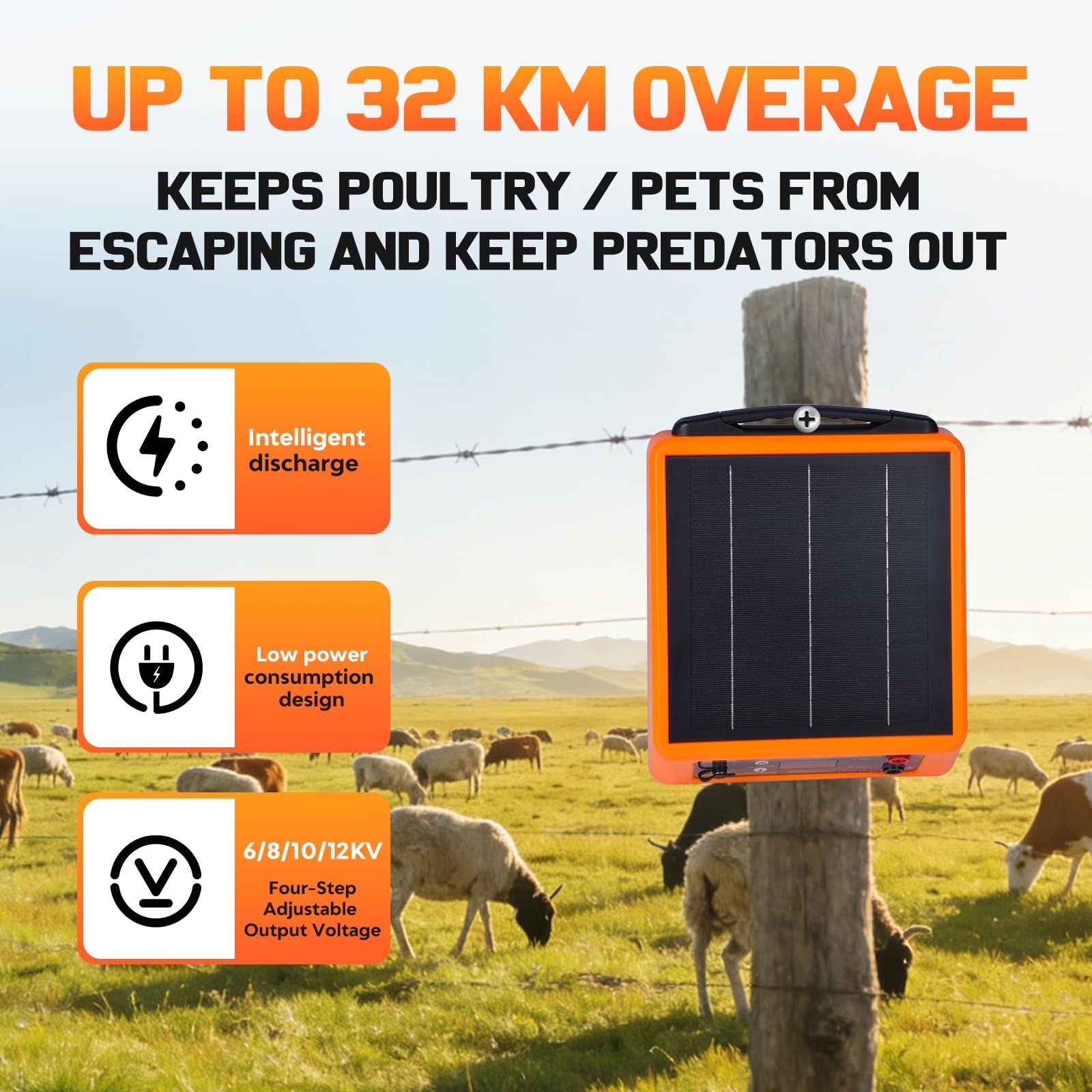 32KM Clôture électrique solaire, 6-12 kV Berger électrique Contrôleur pour chevaux, 2 J Clôture électrique pour élevage d'animaux de berger, pour ferme, pâturage, jardin (Orang)