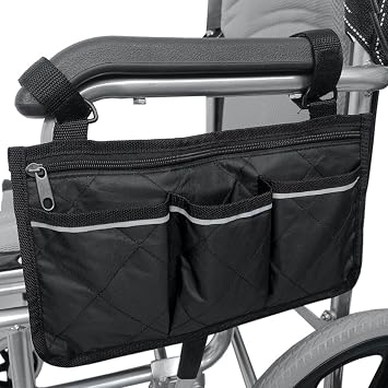 Wheelchair Bag Waterproof Portable Wheelchair Bag for Armrest Safe Storage Bag for Wheelchairs with 3 Compartments for Wheelchairs, Children's Chairs, Electric Chairs Black