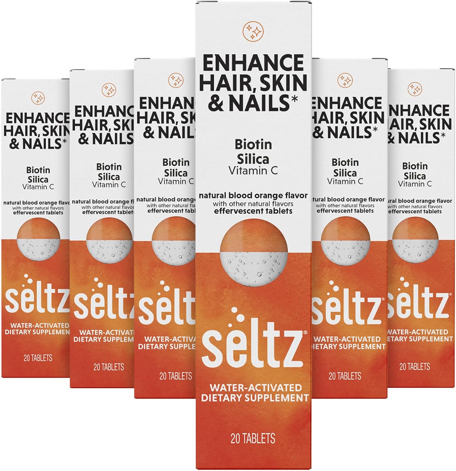 Seltz® Water-Activated Vitamins – Enhance Hair, Skin & Nails with Vitamin C, Silica, and Biotin – Natural Blood Orange Flavor Dietary Supplement – 6 Packs x 20 Effervescent Tablets Each