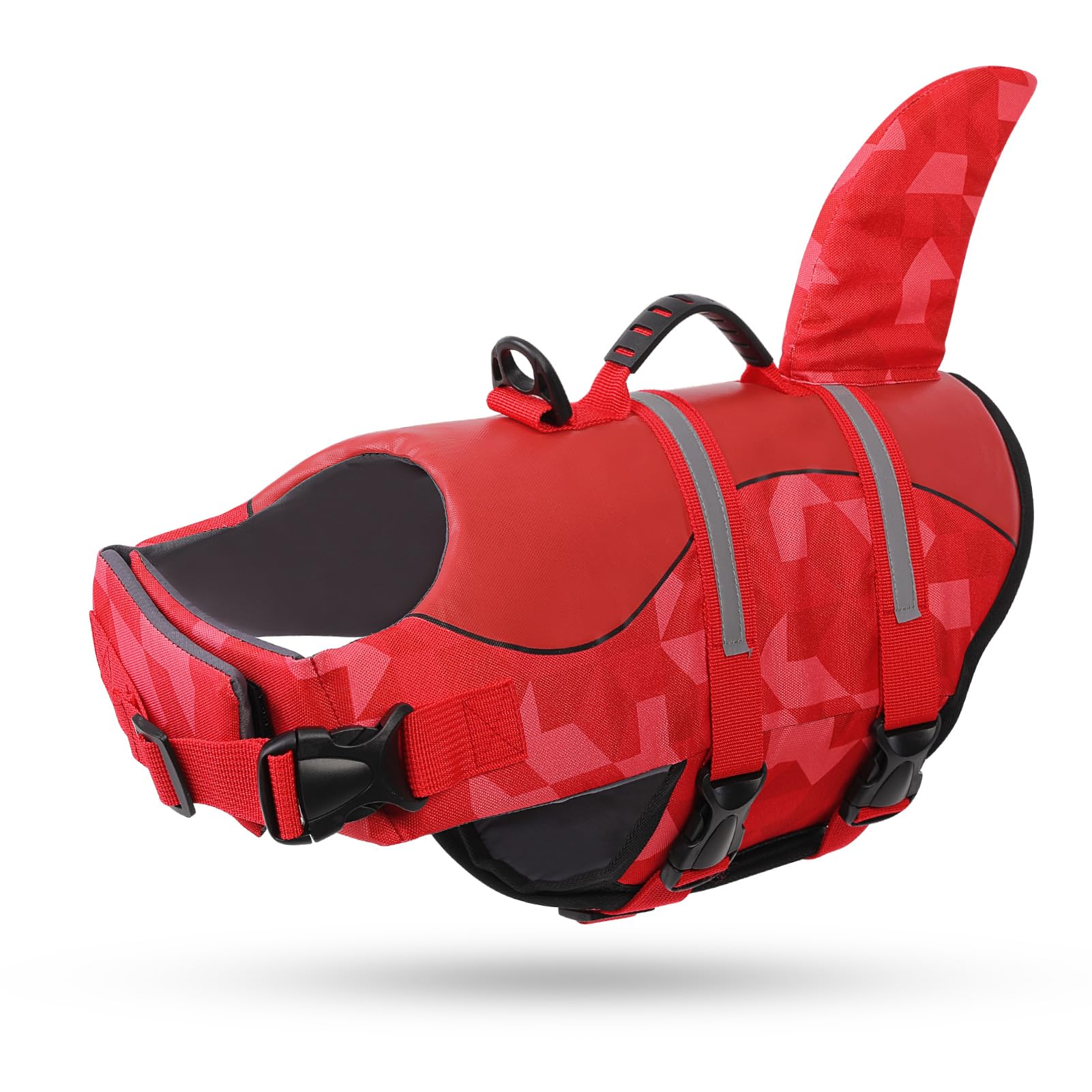 Queenmore Shark Dog Life Jacket, LifeVests for Boating, High Buoyant Dog Life Vest for Swimming, Adjustable Easy On Pet Jackets for Small, Medium, Large Dogs (Red Triangle,XL)