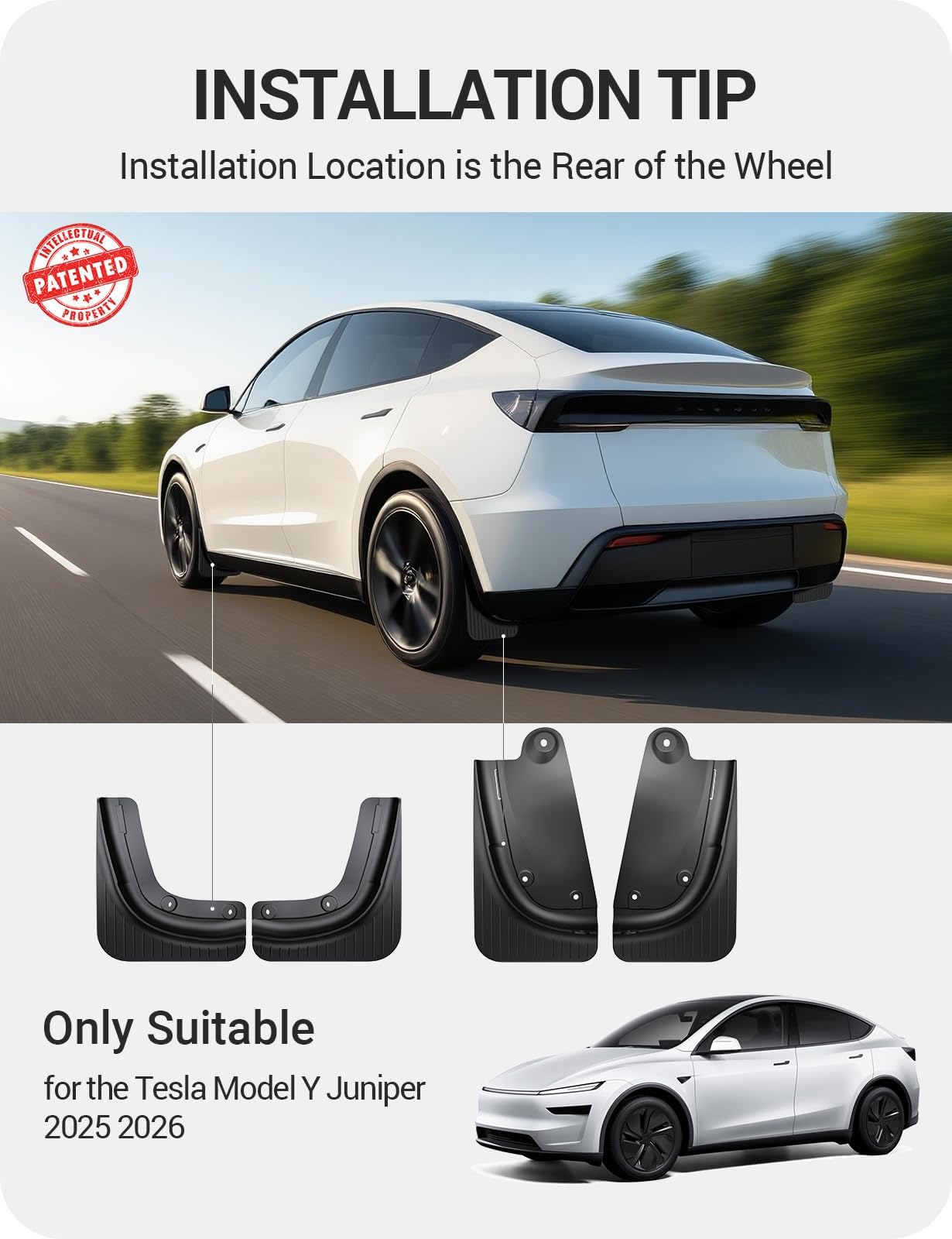 BASENOR 2026 Parafanghi paraspruzzi per Tesla Model Y [Senza Foratura Senza Nastro] [Protezione della Vernice] Protettore per Pneumatici per Tutte le Condizioni Atmosferiche in TPE per Model Y Juniper