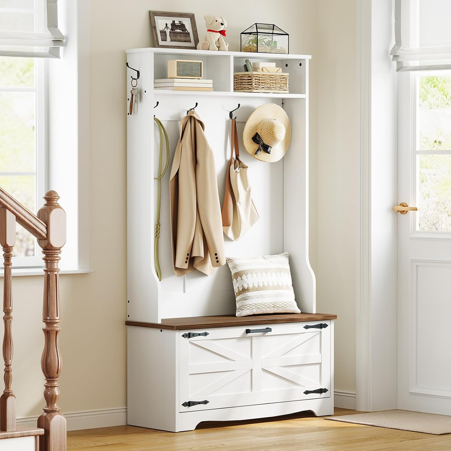 HOOBRO Hall Tree with Bench, Entryway Bench with Coat Rack and Shoe Cabinet, Flip Drawers, Farmhouse Hall Tree with Shoe Organizer, Mud Room, White and Walnut WH85MT01