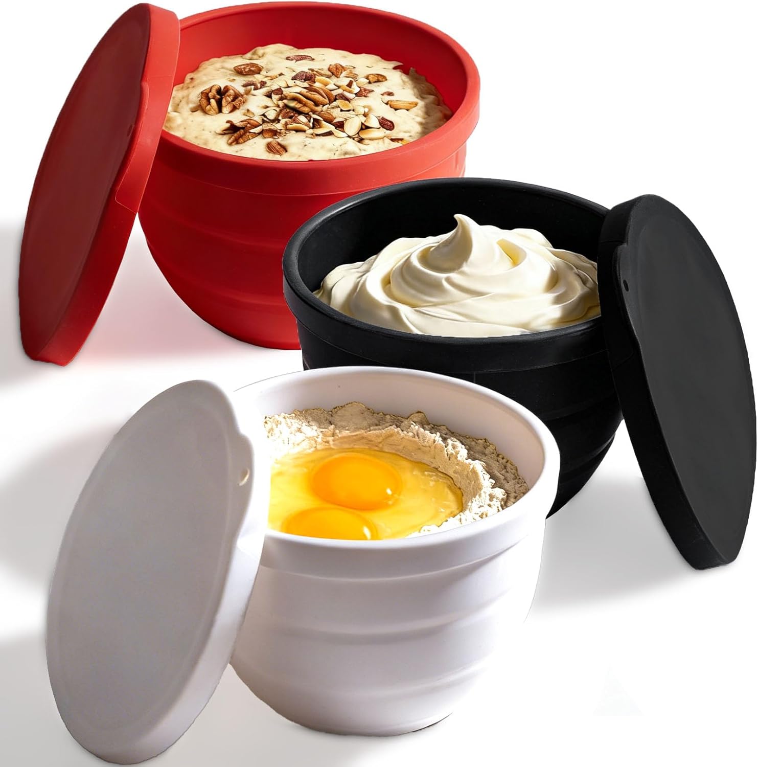Silicone Bowl Liners for KitchenAid 5 Qt Tilt-Head Stand Mixer, 3 Mixing Bowl Inserts with Lids, Thicker, Cold & Heat Resistant, Foldable Storage, Dishwasher Safe