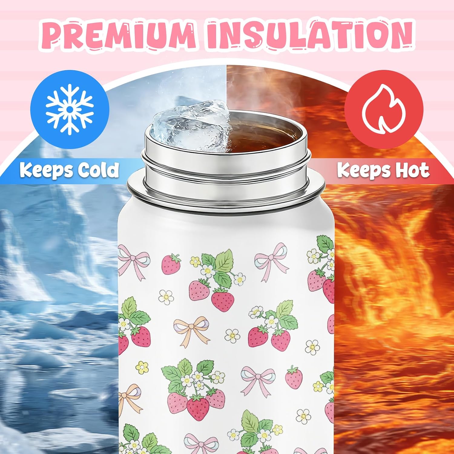 18oz Strawberry Water Bottle 2lids Spout