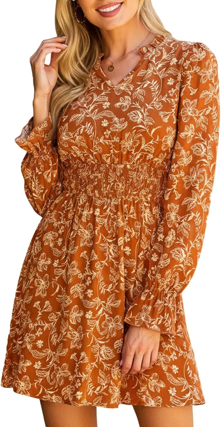 CUPSHE Women's Floral Fall Mini Dress Boho V Neck Ruffle Sleeves Smocked Waist A Line Dresses