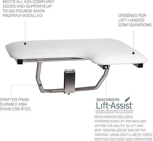 Miniatura 3 de Seachrome Asiento de ducha Lift-Assist, mano izquierda en forma de L, ADA, montaje en pared, acolchado blanco Naugahyde