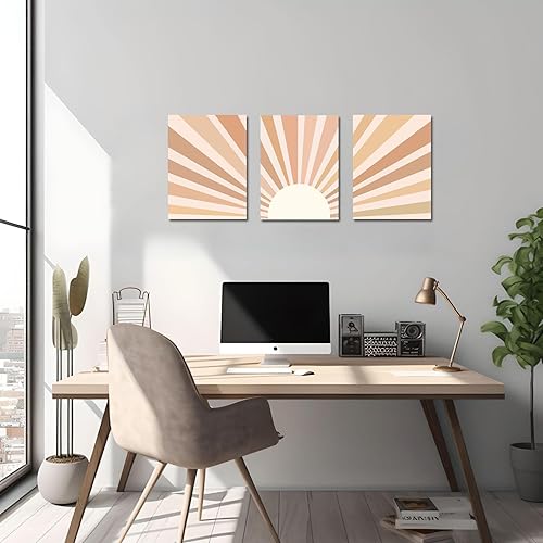 Miniatura 2 de YokiMino Juego de 3 arte bohemio para pared, lienzo enmarcado moderno de mediados de siglo, diseño de líneas geométricas de naturaleza para sala de