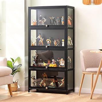 Acrylic Display Case, Living Display Case, Display Cabinet, Tough Texture, Sealed Dustproof, Suitable for Various Occasions 4 Layers Black, 24.6 x 13.0 x 5.5 x 5.5 inches 60 x 33 x 140